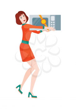 Woman buys microwave oven at sale on discount price. Super sale on kitchen appliances in flat style design illustration. Microwave heats and cooks food by exposing it to microwave radiation. Vector