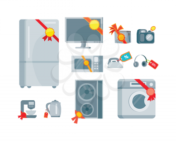 Sale and discount household appliances with red tags in flat style. Household appliances devices with percent discount stickers. Black friday. Illustration for electronics stores advertising. Vector