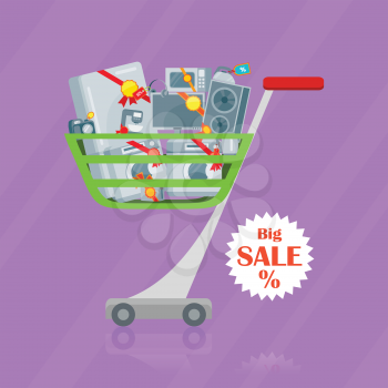 Big sale concept. Household appliances in trolley flat style design. Illustration for electronics stores advertising. Purchase of electric equipment for every day use. Set of devices in cart. Vector
