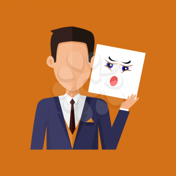 Man character avatar vector. Flat style. Male portrait with indignation, amazement, shame, frustration, irritation, anger, emotional mask. Illustration for identity in Internet, mood concepts icons