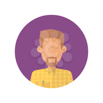 Man character avatar vector in flat style design. Bearded male personage portrait icon in violet circle. Illustration for concepts, app pictograms, infographic. Isolated on white background. 