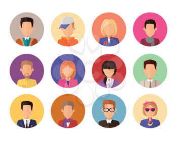 Set of portraits for avatars or userpics in different clothes and hairstyles in flat design. People icons set without facial features. Cartoon man and women character collection. Vector illustration.