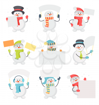 Set of snowman cartoons with blank message board. Funny snowman character in santa hat, scarf, cylinder, warm earmuffs holding cardboard placard flat vector illustration isolated on white background