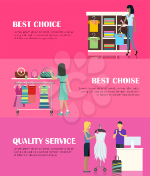 Quality service concept. Best choice concept. Women make her purchases in clothing and accessories shop. People shopping, marketing people, customer in mall, retail store illustration.