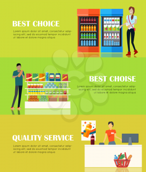 Best choice concept. Quality service concept. People shopping, marketing people, customer in mall, retail store illustration. People in supermarket interior. Website template. Banner set