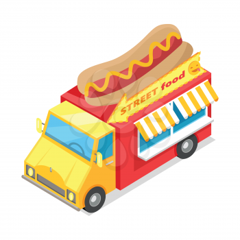 Street food. Eatery on wheels with hotdog on roof isometric vector illustration isolated on white background. Bright Van food store with signboard. For cafe, snack bar web page design