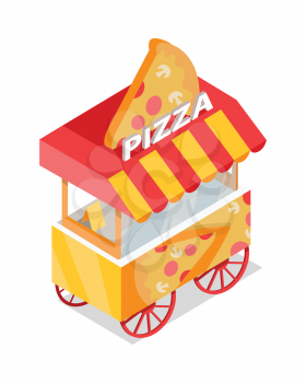 Pizza cart store on wheels isometric projection flat vector icon isolated on white background. Street fast food eatery with italian snacks. For app, infographics, game environment, web design