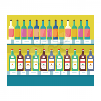 Shelves with drinks in grocery store. Vector in flat style design. Showcase with alcohol and beverages in supermarket.  Assortment, shop equipment, merchandising strategy concept.  