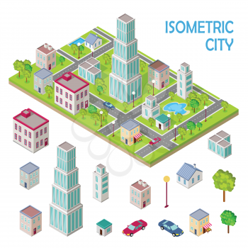 Elements of urban landscape. Isometric projection vectors. House, skyscraper, store, shop, school, tree, car, lantern illustrations Variety storey buildings For gaming environment app infographic