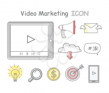 Video marketing icons isolated on white. Collection of video marketing icons. Items to promote products and services based on video. Online video, internet technology and media social marketing