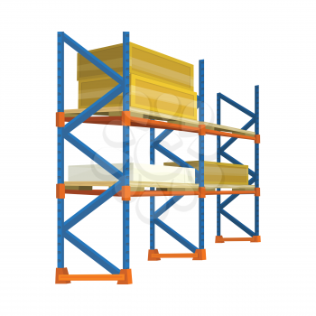 Pallet with boxes in warehouse interior. Shelves for goods. Logistic and factory. Business delivery. Delivering cargo into storage. Boxes, industrial storehouse, distribution and shelf. Vector