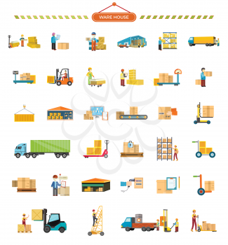 Set of Warehouse icons. Flat design. Warehouse, elevator, container, truck, ladder, conveyor, weight, hangar, package box worker messenger courier pictograms for cargo and delivery services