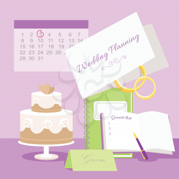 Wedding planning vector concept. Illustration with wedding tier cake, notepads for plans and guest list, invitation to marriage ceremony, rings and calendar with day highlighted red. Pink background