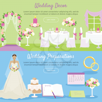Wedding decor and wedding preparations web banner. Planning the wedding day. Getting ready to marriage ceremony. Getting ready everything ahead. Choosing the date, dress, place decoration menu. Vector