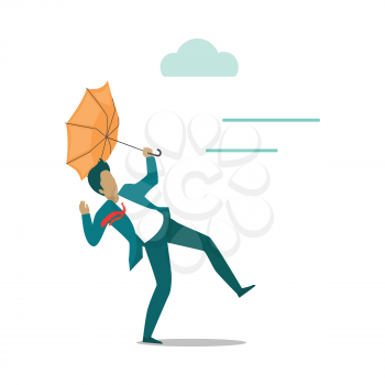 Strong wind blowing on man with umbrella and turned it out. Natural disaster. Deadly strong wind ruins everything. Hurricane damages person s life. Catastrophe caused wind. Vector illustration