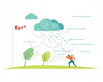 Bad or stormy weather vector concept. Flat design. Man in scarf moving against the strong wind in the rain, storm blowing trees leaves, windsock on pole shows wind direction. For weather concepts