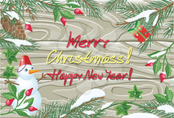 Merry Christmas and Happy New Year poster. Winter frame with rose hips, pine tree branches with cones and ivy leaves with snow on wooden background. Greeting card, postcard design with snowman. Vector