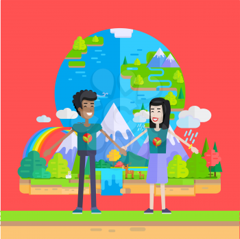 Man and woman holding hands on background of planet. Mountain landscape. Globe save earth. People from various ethnic group. Concept design for greeting card, poster in flat. Vector illustration.