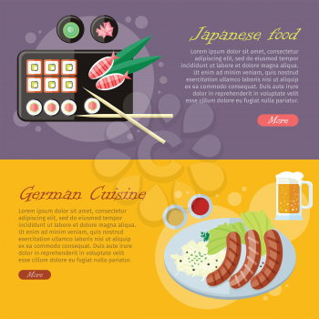 National culinary delights. Japanese food, German cuisine banners. Sushi rolls on plate, bamboo sticks, wasabi, ginger and grilled sausages on plate with garnish, sauce and pint of beer flat vector