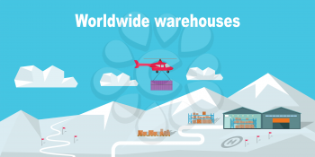 Worldwide warehouse deliver to North Pole. Logistics container shipping and distribution. Transportation through mountains and snow. Loading and unloading boxes. Part of series of worldwide delivery
