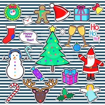 Set of Happy New Year and Merry Christmas elements. Icons can be cut out of paper. Xmas tree, snowman, Santa Claus, deer, candy stick, present, gift, angel, speech bubble in flat style. Vector