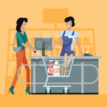 Buying fresh food in market concept vector. Flat design. Cashier serves buyers on counter desk. Comfortable and fast purchases. Picture for retail companies, shopping and payment services ad.    
