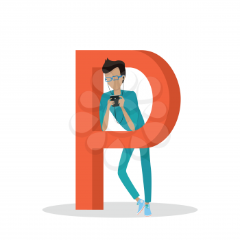 Gadget alphabet. Letter - P. Man with smartphone standing near letter. Modern youth with electronic gadgets. Social media network connection. Simple colored letter and people with electronic devices