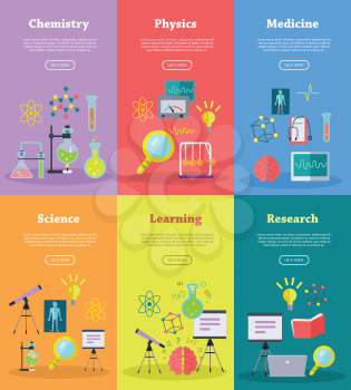 Science web banners set. Medicine, science, research, learning, chemistry, physics banners. Laboratory template of flyear. Scientific research, science lab, science test, technology illustration.