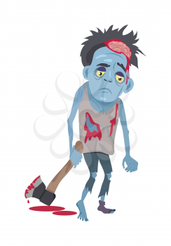 Scary zombie walking. Frightening dead man with blue skin, blood stains, dressed in tatter drags bloody ax flat vector illustration isolated on white background. Horror character for Halloween concept