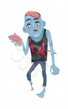 Scary zombie walking. Frightening dead man with armature in wound, blue skin, holding own brains in hand flat vector illustration isolated on white background. Horror character for Halloween concepts