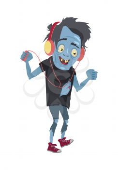Scary zombie walking. Frightening dead man in headphones with blue skin, blood stain, bones, dressed in tatter dancing flat vector isolated on white background. Horror character for Halloween concepts