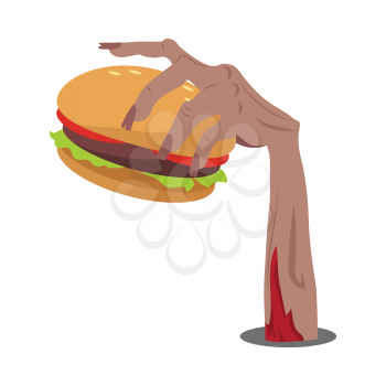 Zombie hand sticking out of the ground with hamburger flat vector illustration isolated on white. Hungry living dead with fast food. Humorous concept of human mass consumerism, halloween party decor
