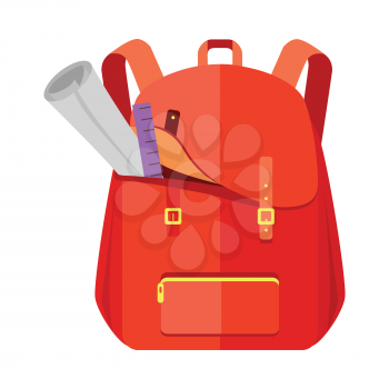 Rred backpack schoolbag icon in flat style. Hiking backpack. Kids backpack with notebook and ruler, education and study school, rucksack, urban backpack vector illustration on white background