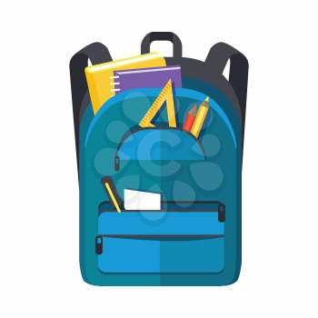 Backpack schoolbag icon in flat style. Hiking backpack. Kids backpack with notebook and ruler, education and study school, rucksack, urban backpack vector illustration on white background