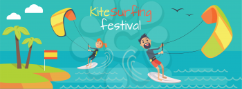 Kite surfing festival. Kitesurfing is style of kiteboarding specific to wave riding, surface water sport combining wakeboarding, windsurfing, surfing, paragliding, skateboarding and gymnastics in one.