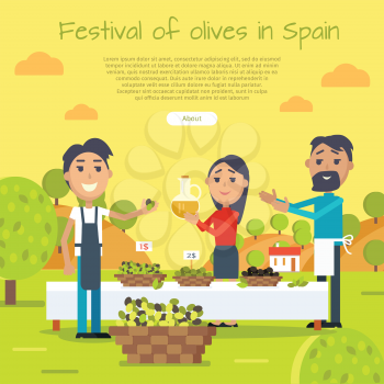 Festival of olives in Spain web banner. Flat style design. Spain entertainment festival. People sale olives and olive oil at market. Best price. Man and woman. Holiday event. Vector illustration
