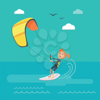 Kitesurfing vector concept. Joyful woman holding kite and sliding on sea surface on surf flat vector. Leisure on summer vacation. Resting on tropical seacoast. For kiteboarding club, travel company  