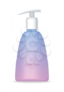 Purple soap bottle with spreader isolated. Cosmetic product flasks with logo or symbol on the nameplate. Reservoir with label. Part of series of decorative cosmetics items. Vector illustration