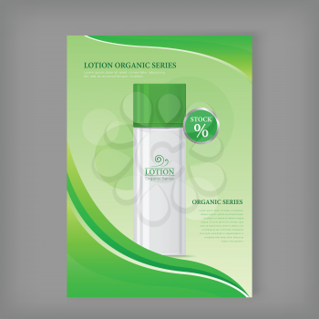 Lotion organic series. Plastic tube for cosmetics on green background. Product for body care, beauty, health, freshness, youth, hygiene. Cream and lotion product. Realistic vector illustration.