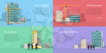 Modern building. Development. Building process. Completion of building. Stages of house building in flat style. Construction of residential houses banners set. Big building area. Vector illustration