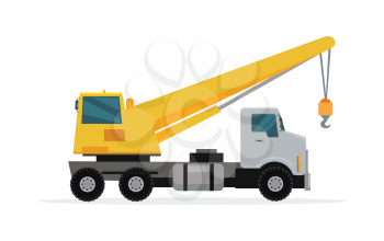 Truck crane vector. Flat design. Industrial transport. Construction machine. Big lorry with telescopic hoist. For construction theme illustrating, building companies advertising. On white background