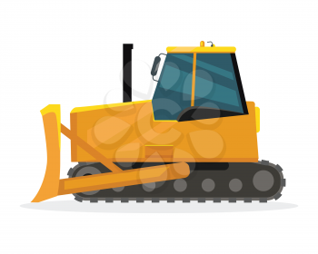 Bulldozer vector illustration. Flat design. Heavy construction machine for earthworks. Illustration for building concepts, city works infographics, icons or web design. Isolated on white background