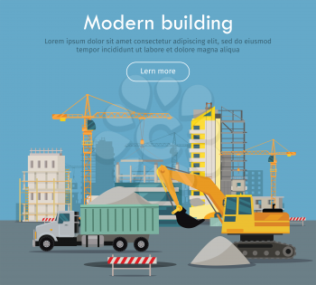 Modern building conceptual web banner. Flat style vector. Excavator and tipper working in construction site, buildings and cranes on background. For building, engineering company landing page design