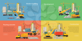 Modern building, development, pouring concrete, construction vector web banners. Different construction machines working on building site, uncompleted buildings and cranes behind on color backgrounds