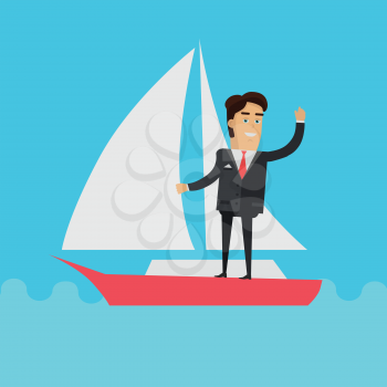 Young businessman in black business suit and tie stand on sailing yacht. Summer vacation at sea concept. Business people. Yacht trip. Vector illustration in flat design.