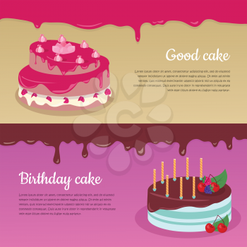 Good cake. Birthday cake. Cake with raspberry and candlesticks. Birthday or wedding cake , chocolate dessert cookies, raspberry and chocolate, food sweet pie with, cream and fruit vector illustration
