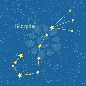 Night sky with Scorpius constellation. Vector illustration. Traditional zodiacal sign on celestial sphere marked bright stars and lines. For astrological, astronomical, educational, science concepts