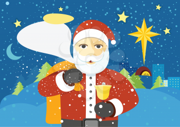 Happy Santa Claus with speech bubble for your text. Santa Claus with a bag of presents and a bell wishes Merry Christmas in urban city. Winter landscape background. Star of Bethlehem in sky. Vector