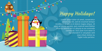 Happy holidays web banner. Merry Christmas and Happy New Year poster with owl on garland, snow, snowflakes, presents, gift boxes and xmas tree, penguin. Add congratulation text. Greeting card. Vector