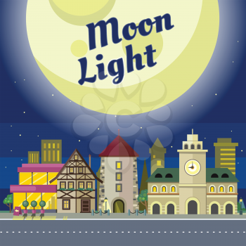 Moon light. Urban city illustration at night time. Building with clock. Architecture in unusual fashionable design. Modern town with extraordinary buildings. Metropolis panorama. Vector in flat style